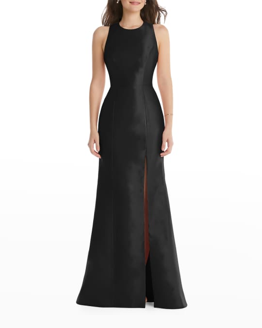 Dessy Collection Jewel-Neck Bowed Open-Back Trumpet Gown | Neiman Marcus