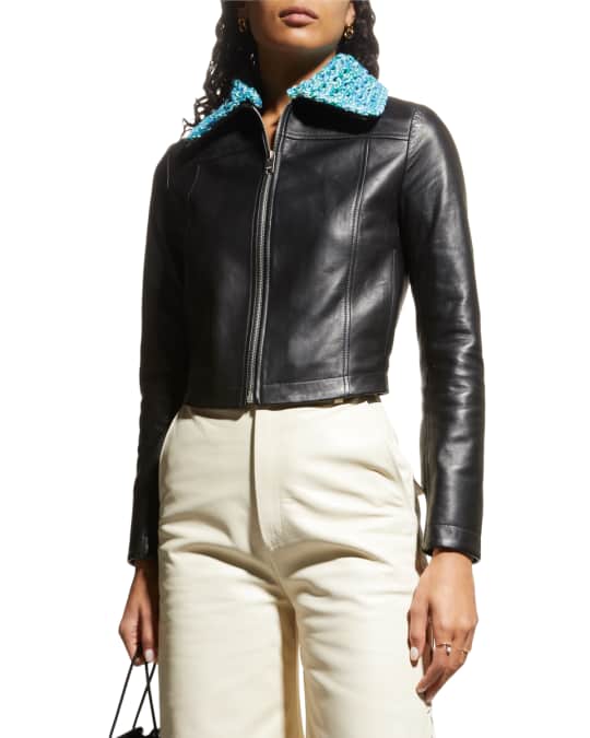 AMBUSH Cropped Crochet-Collared Leather Jacket | Neiman Marcus