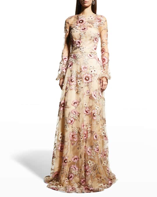 naeem khan floral embroidered dress FLORAL EMBELLISHED CAP SLEEVE COLUMN GOWN – Naeem Khan main image 0
