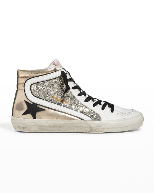 Golden Goose Slide Mid-Top Glitter Leather Sneakers | Neiman Marcus