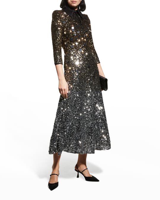 Ombre Sequin 3 4 Sleeve Collared Dress