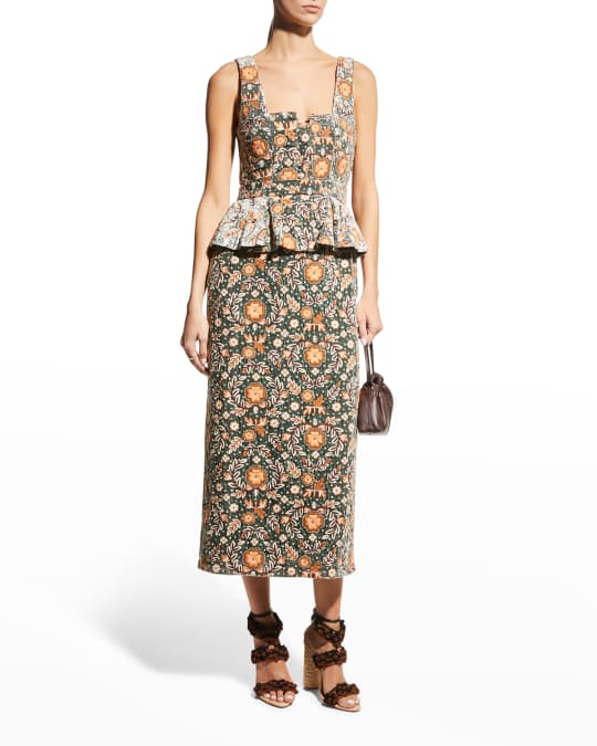 Ulla Johnson Faiza Peplum-Waist Floral Midi Dress | Neiman Marcus