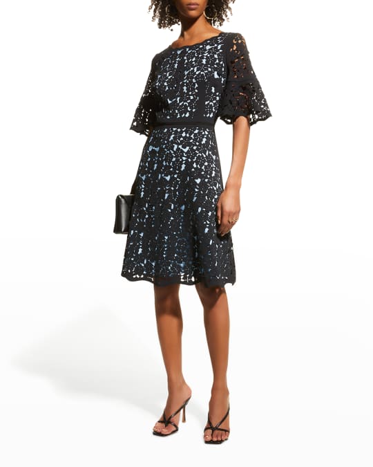 Shani Bell-Sleeve Laser-Cut Crepe Dress