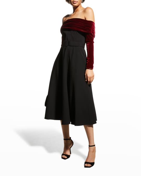 Off Shoulder Crepe Velvet Combo Dress
