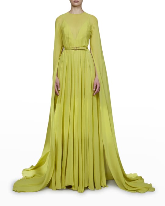 Elie Saab Dramatic Cape-Sleeve Illusion Gown | Neiman Marcus