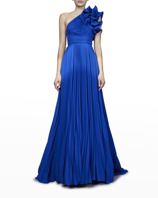 Elie Saab One-Shoulder Ruffle Plisse Gown | Neiman Marcus