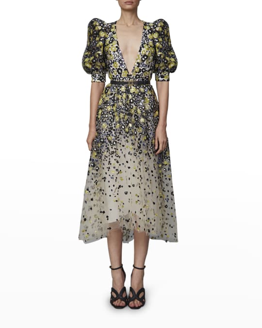 Elie Saab Puff-Sleeve Embroidered Midi Dress | Neiman Marcus