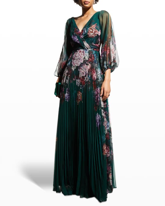 V Neck Floral Chiffon Gown w Pleated Skirt
