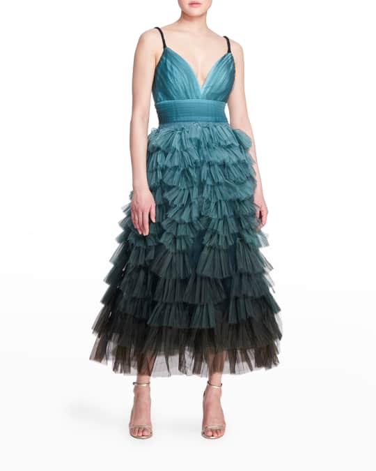 V Neck Ombre Tulle Tea Length Gown