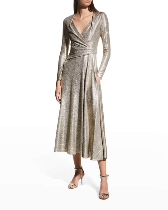 Talbot Runhof Metallic Wrapped-Bodice Long-Sleeve Midi Dress | Neiman Marcus