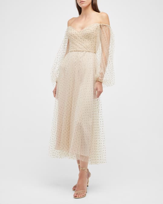 Monique Lhuillier Polka-Dot Off-The-Shoulder Puff-Sleeve Midi