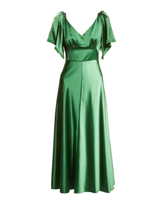 Hammered Satin Flutter Sleeve Midi Dress