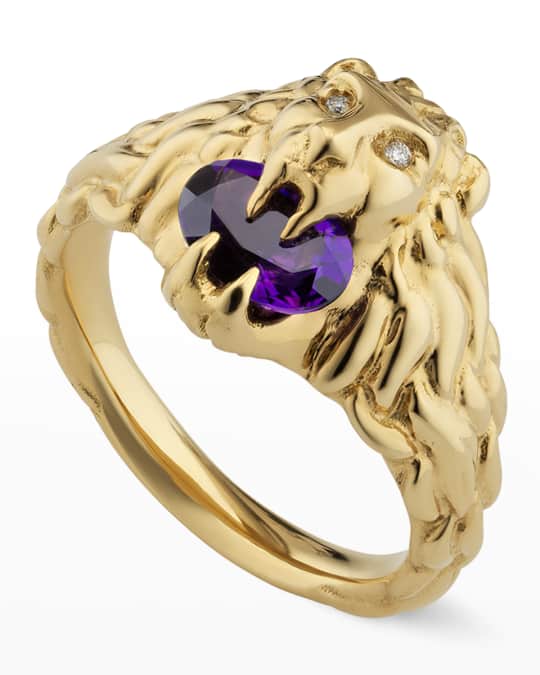 Gucci Lion Head Ring in Yellow Gold with Diamonds and Amethyst, Size 6.75