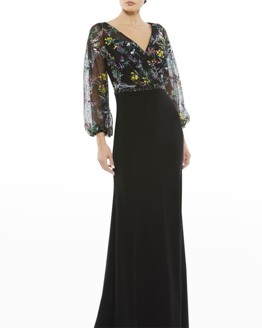 Floral Embroidered Puff Sleeve Column Gown