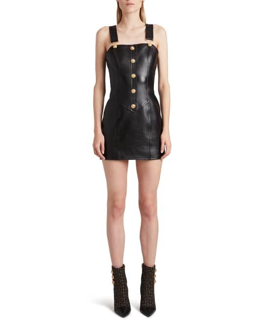 Balmain Buttoned Leather Overall Mini Dress | Neiman Marcus