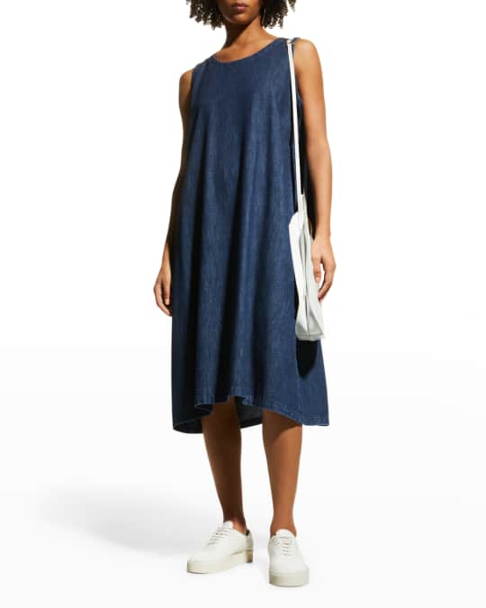 Eskandar Side Pleated Sleeveless Denim Dress 3 4 Length