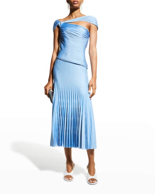 St. John Pleated One-Sleeve Midi Dress | Neiman Marcus
