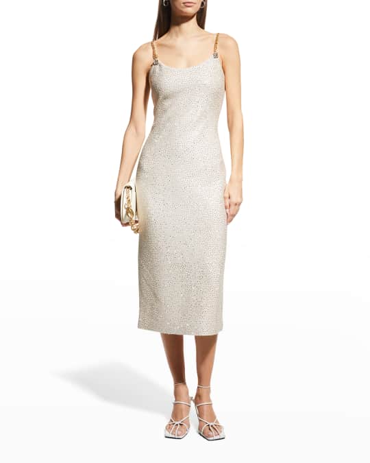 St. John Strass Embellished Metallic Midi Dress w Chain Straps Neiman Marcus