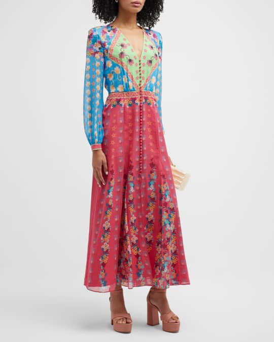 Annabel Button Front Floral Silk Maxi Dress