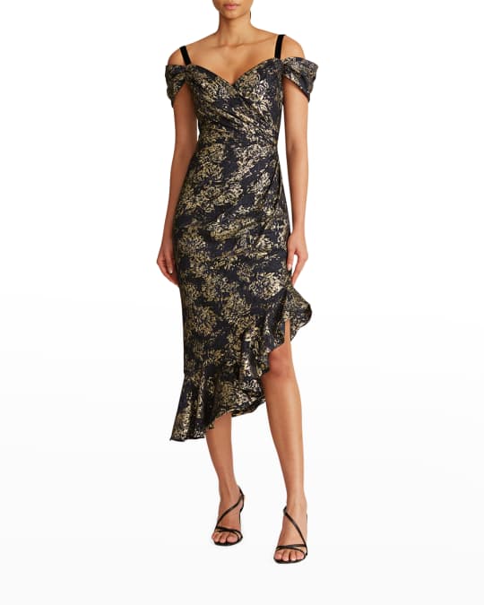 Theia Freya Asymmetric Metallic Jacquard Dress | Neiman Marcus