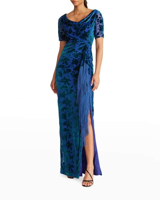 Theia Rowan Cowl-Neck Fringe Devore Gown | Neiman Marcus