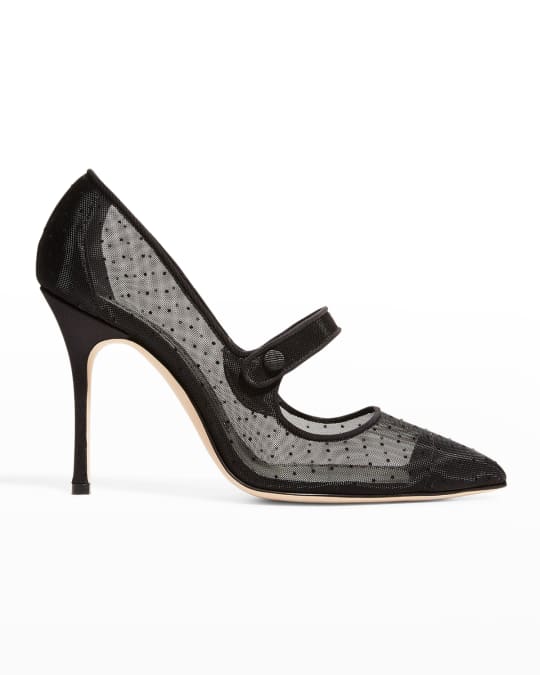 Manolo Blahnik Camparimesh Black Mesh Polka Dot Pointed Toe Pumps