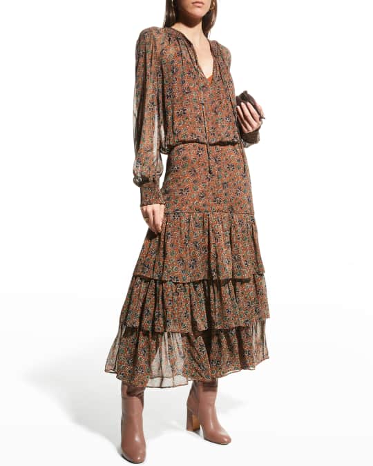 veronica beard brown dress VERONICA BEARD Brown, Green and Black Long Sleeve Ruffle Tiered Maxi D –  The Hangout