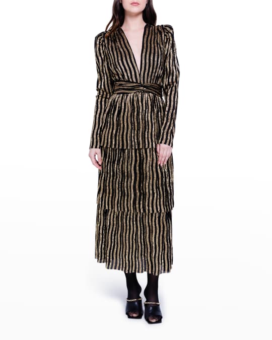 tiered metallic maxi dress Delicate Ruffled Tiered Printed Metallic Chiffon Maxi Dress  Likemychoice