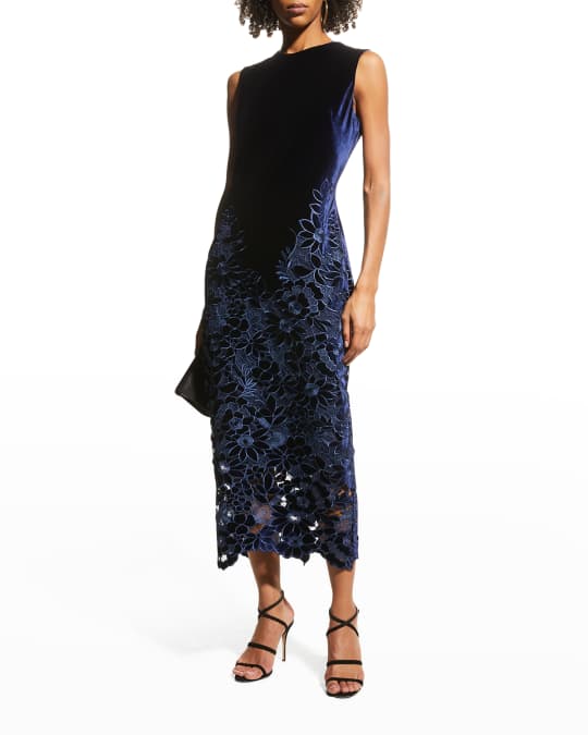 Shoshanna Sleeveless Velvet Sheath Dress w Lace Detailing Neiman Marcus