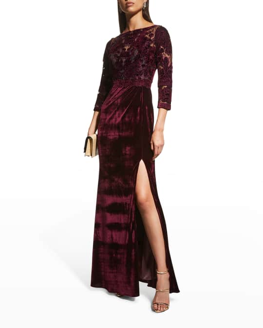 Marchesa Notte 3/4-Sleeve Velvet Cutwork Gown | Neiman Marcus