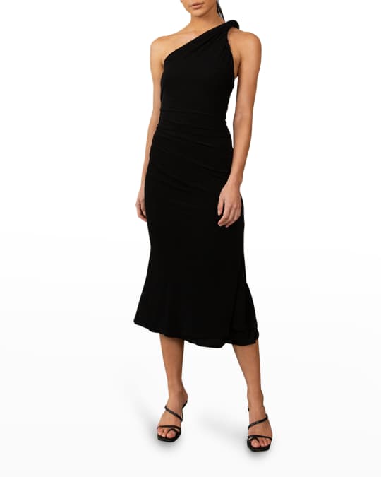 strapless open back dress Malani Glitter Knit One-Shoulder Formal Dress