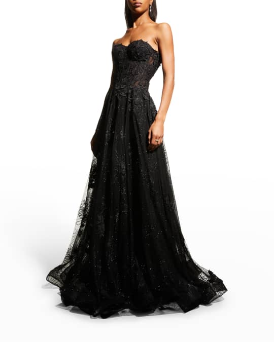 Jovani Strapless Lace Applique Ball Gown | Neiman Marcus