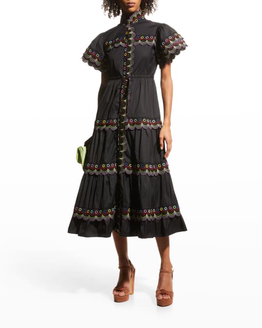 CELIAB Malik Scallop Embroidered Midi Dress | Neiman Marcus