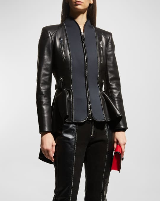 Alexander McQueen High Low Peplum Leather Jacket w Scuba Inserts