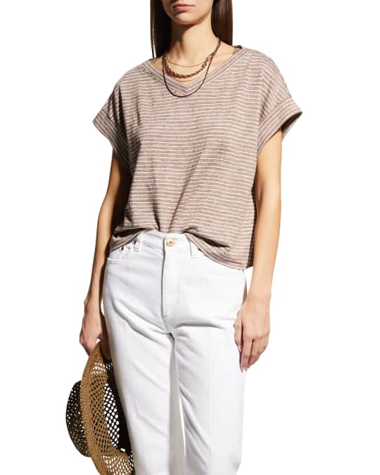Brunello Cucinelli Striped Linen T-Shirt w/ Monili Neckline