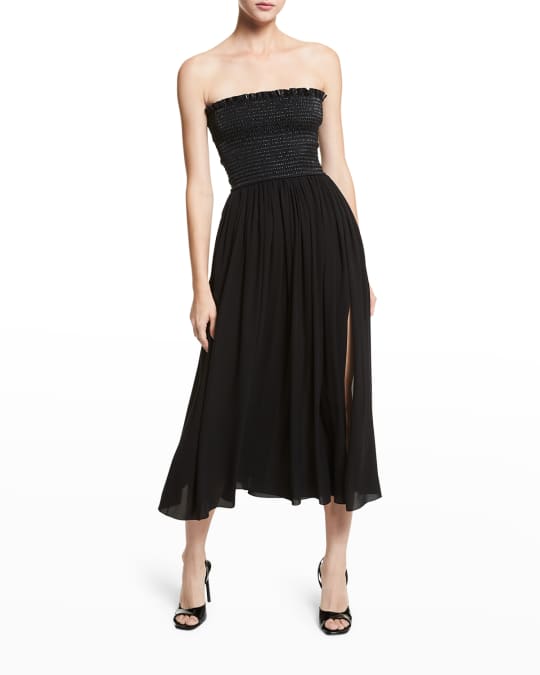 Strapless Faux Leather Smocked Bodice Midi Dress