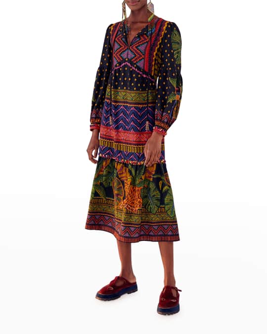 Farm Rio Forest Tapestry SplitNeck Midi Dress Neiman Marcus