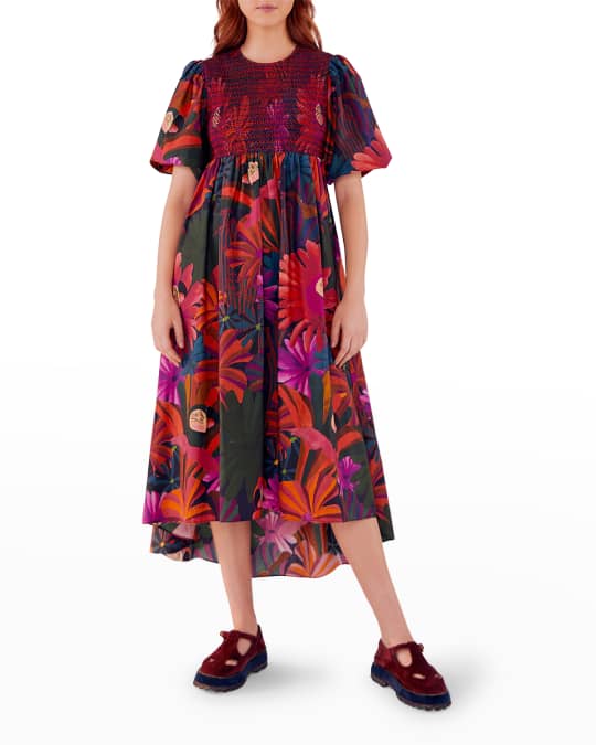 Farm Rio Bird Flowers Smocked Midi Dress | Neiman Marcus