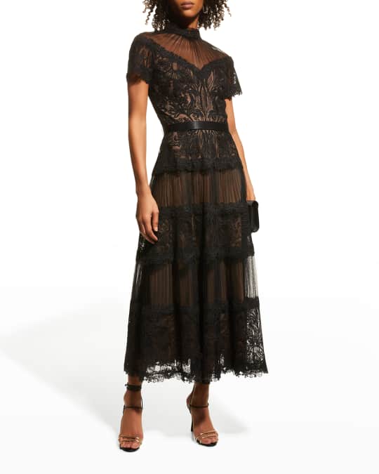 Tadashi Shoji Mock Neck Corded Lace Illusion Dress Neiman Marcus