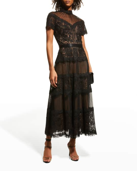 Tadashi Shoji Mock-Neck Corded Lace Illusion Dress | Neiman Marcus