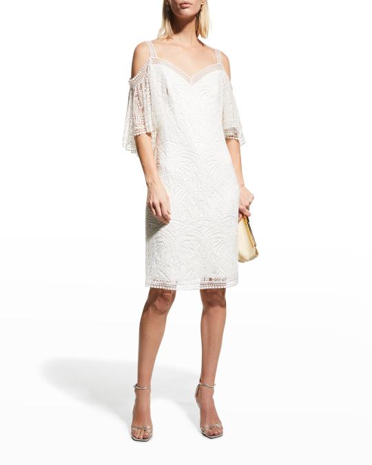 tadashi shoji cold shoulder lace cocktail dress Cold-Shoulder Capelet-Back ANYA 3D EMBROIDERED OFF-SHOULDER Spring_26 and toast Size:6T --- Chest = 25 inches/ Waist = 24 inches/ Hollow to floor = 41 inches Mesh midi cocktail