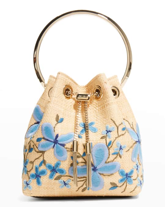 トートバッグ JIMMY CHOO Small Flower Bon Bon Bag 73942603 Bon Bon | Black Satin Bucket Bag with Metal Flowers | JIMMY CHOO