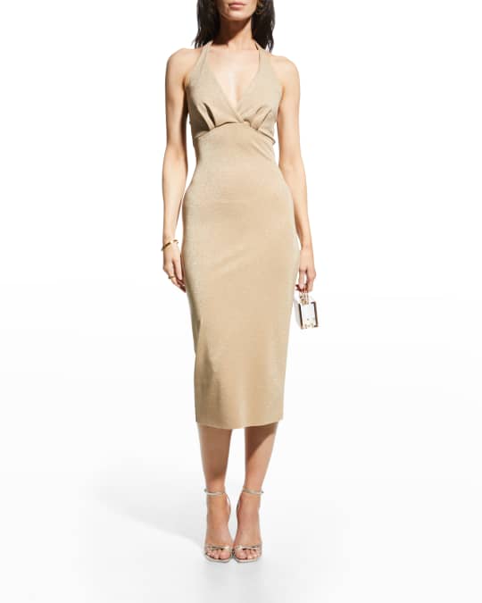 Chiara Boni La Petite Robe Shimmery V-Neck Halter Midi Dress | Neiman Marcus