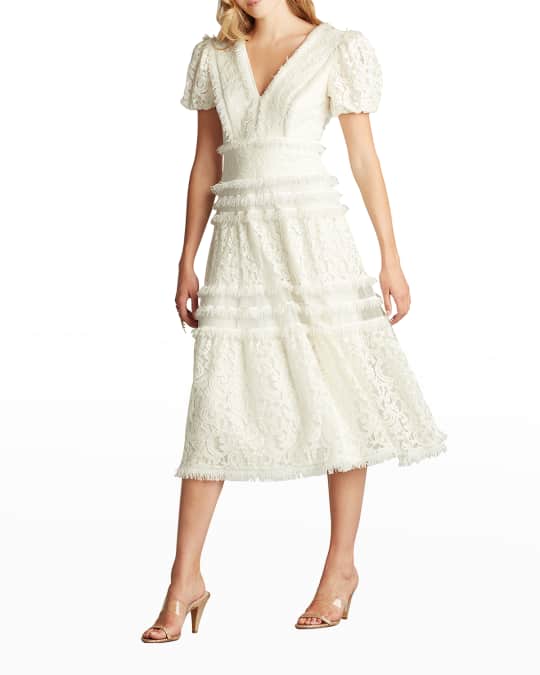 Tadashi Shoji Fringe-Trim Tiered Lace Midi Dress | Neiman Marcus