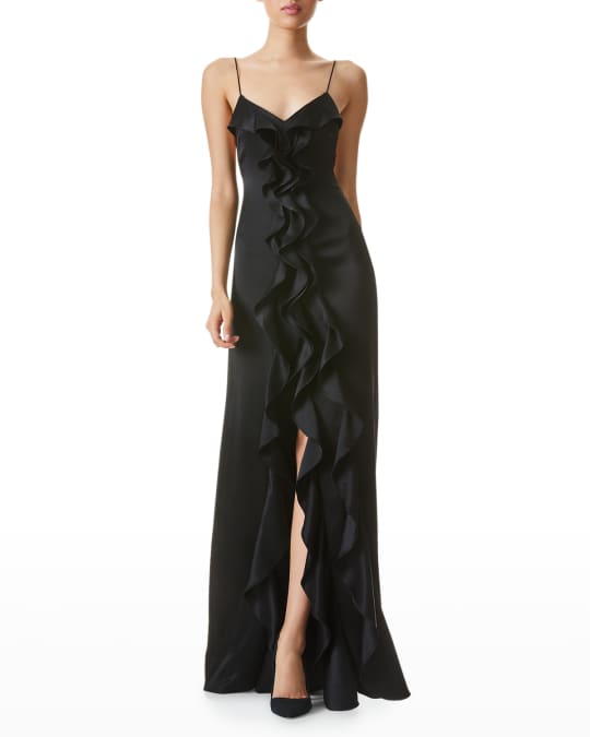 Sleeveless Floral Silk Maxi Gown With Ruffled Slit