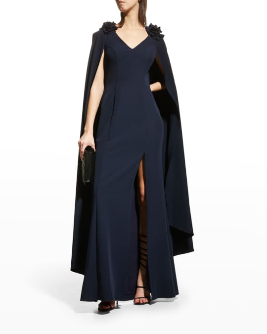 Marchesa Notte V-Neck Cape Gown w/ 3D Flowers | Neiman Marcus