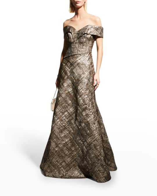 Rene Ruiz Collection Off-Shoulder Jacquard A-Line Gown | Neiman Marcus