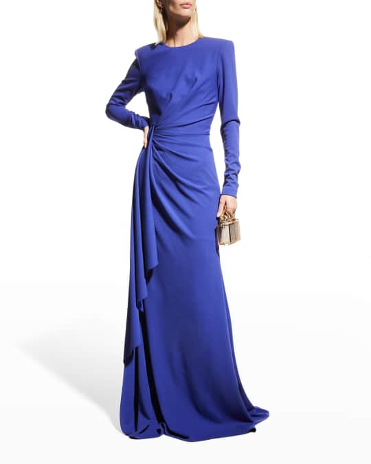 Badgley Mischka Collection Long-Sleeve Side-Draped Crepe Gown | Neiman ...