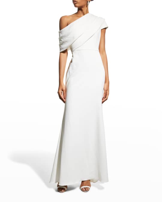 Badgley Mischka Collection Asymmetric Off-Shoulder Crepe Gown | Neiman ...