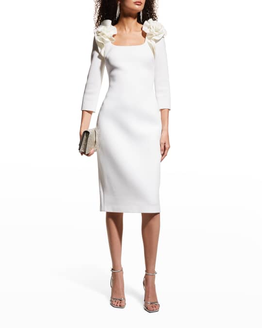 Badgley Mischka Collection 3 4 Sleeve Rosette Scuba Dress Neiman Marcus